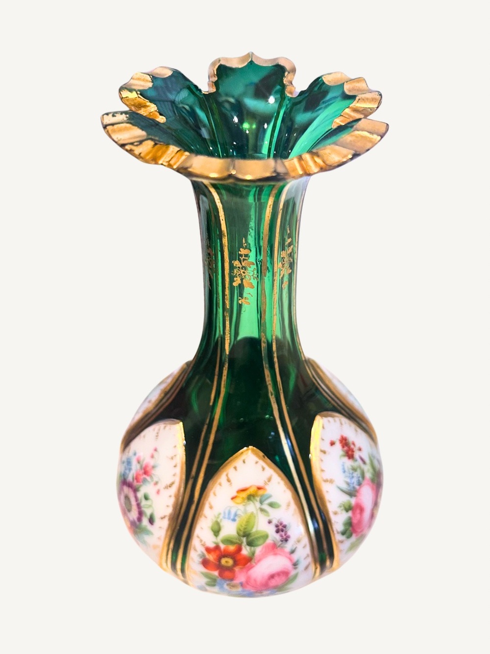 Antique Emerald-Green Bohemian Vase/Decanter with Hand-Painted Floral Cartouches - Picture 9 of 10